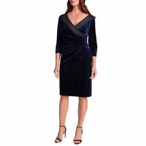 Leslie Fay LF Size 10 Blue Velvet 3/4 Sleeves V Neck Dress Sheath Side Ruched